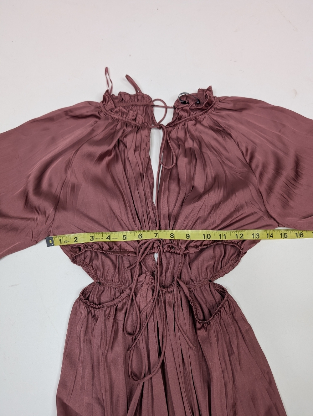 Zara Marsala Satin Effect Pleated Cutout Long Sleeve Maxi Dress - Size Small - Picture 7 of 9